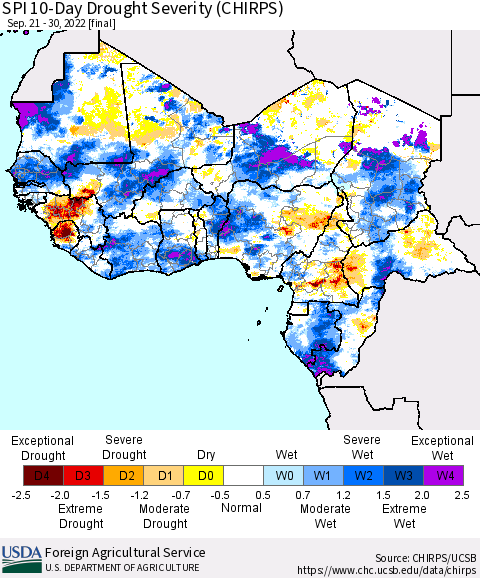 Western Africa SPI 10-Day Drought Severity (CHIRPS) Thematic Map For 9/21/2022 - 9/30/2022
