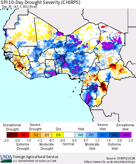 Western Africa SPI 10-Day Drought Severity (CHIRPS) Thematic Map For 9/26/2022 - 10/5/2022