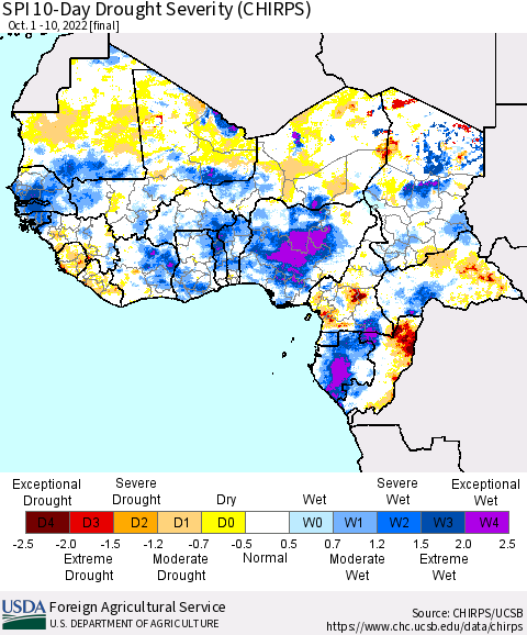 Western Africa SPI 10-Day Drought Severity (CHIRPS) Thematic Map For 10/1/2022 - 10/10/2022