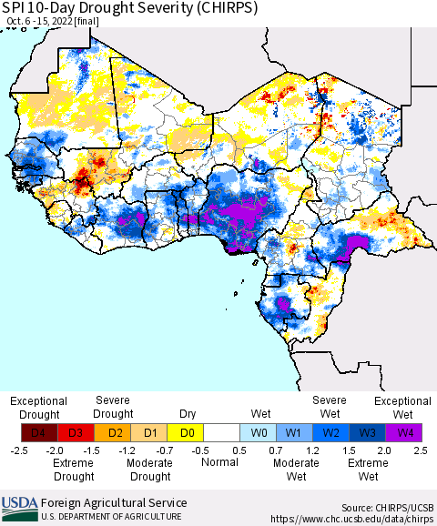 Western Africa SPI 10-Day Drought Severity (CHIRPS) Thematic Map For 10/6/2022 - 10/15/2022