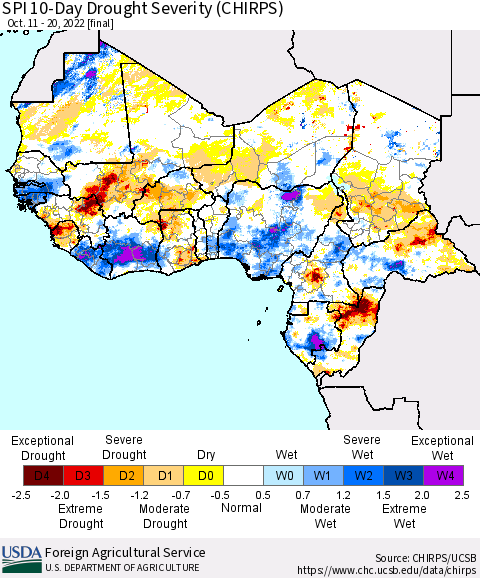 Western Africa SPI 10-Day Drought Severity (CHIRPS) Thematic Map For 10/11/2022 - 10/20/2022