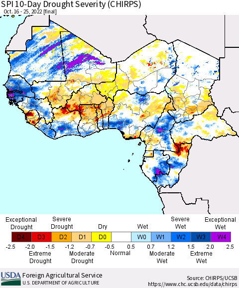 Western Africa SPI 10-Day Drought Severity (CHIRPS) Thematic Map For 10/16/2022 - 10/25/2022