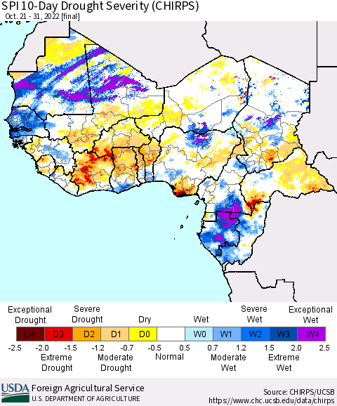 Western Africa SPI 10-Day Drought Severity (CHIRPS) Thematic Map For 10/21/2022 - 10/31/2022