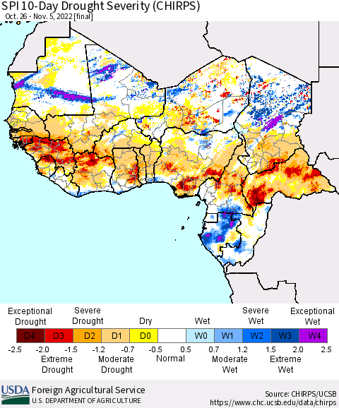 Western Africa SPI 10-Day Drought Severity (CHIRPS) Thematic Map For 10/26/2022 - 11/5/2022