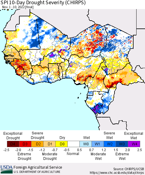 Western Africa SPI 10-Day Drought Severity (CHIRPS) Thematic Map For 11/1/2022 - 11/10/2022