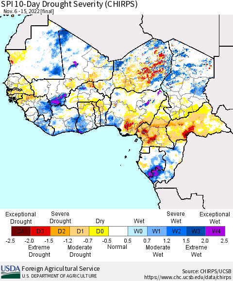 Western Africa SPI 10-Day Drought Severity (CHIRPS) Thematic Map For 11/6/2022 - 11/15/2022
