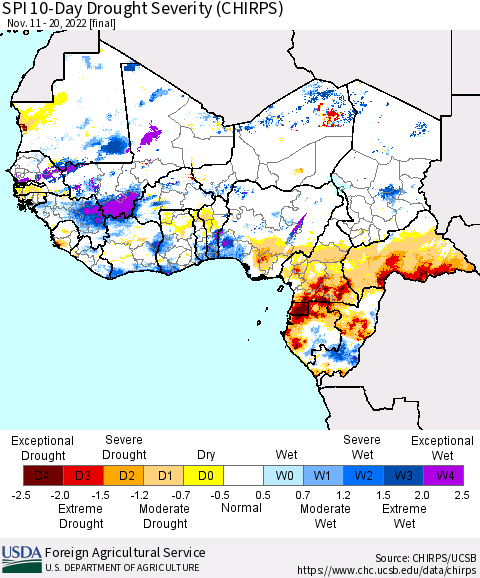 Western Africa SPI 10-Day Drought Severity (CHIRPS) Thematic Map For 11/11/2022 - 11/20/2022