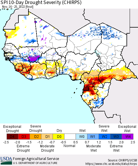 Western Africa SPI 10-Day Drought Severity (CHIRPS) Thematic Map For 11/16/2022 - 11/25/2022