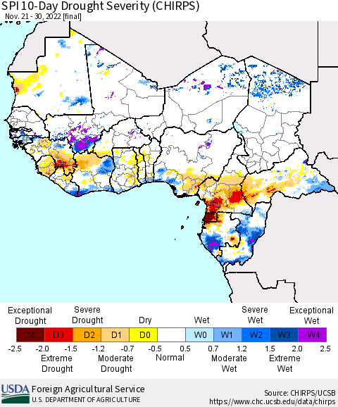 Western Africa SPI 10-Day Drought Severity (CHIRPS) Thematic Map For 11/21/2022 - 11/30/2022