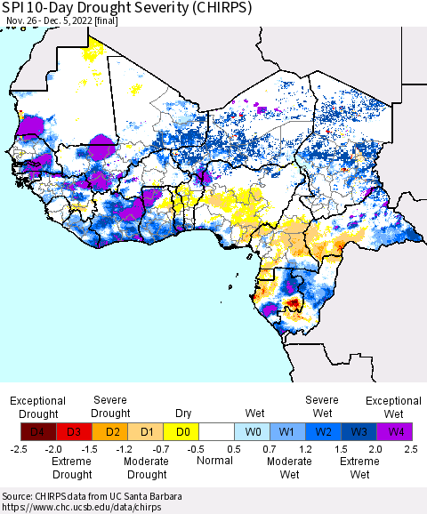 Western Africa SPI 10-Day Drought Severity (CHIRPS) Thematic Map For 11/26/2022 - 12/5/2022