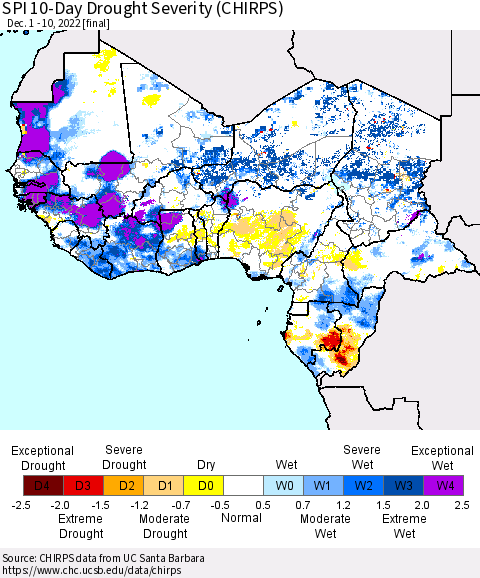 Western Africa SPI 10-Day Drought Severity (CHIRPS) Thematic Map For 12/1/2022 - 12/10/2022