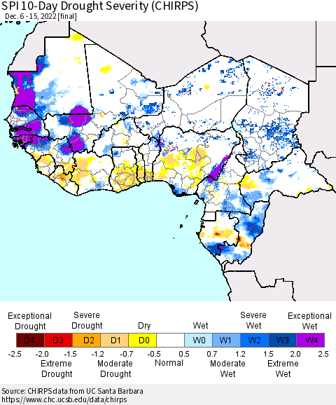Western Africa SPI 10-Day Drought Severity (CHIRPS) Thematic Map For 12/6/2022 - 12/15/2022