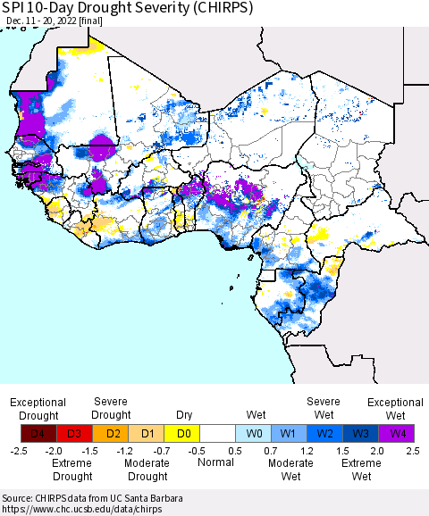 Western Africa SPI 10-Day Drought Severity (CHIRPS) Thematic Map For 12/11/2022 - 12/20/2022