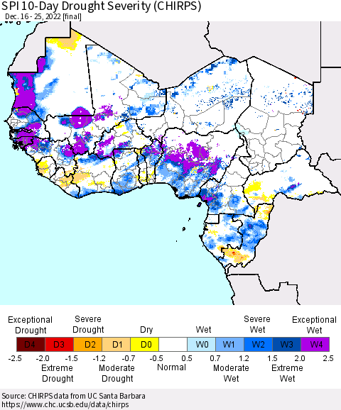 Western Africa SPI 10-Day Drought Severity (CHIRPS) Thematic Map For 12/16/2022 - 12/25/2022
