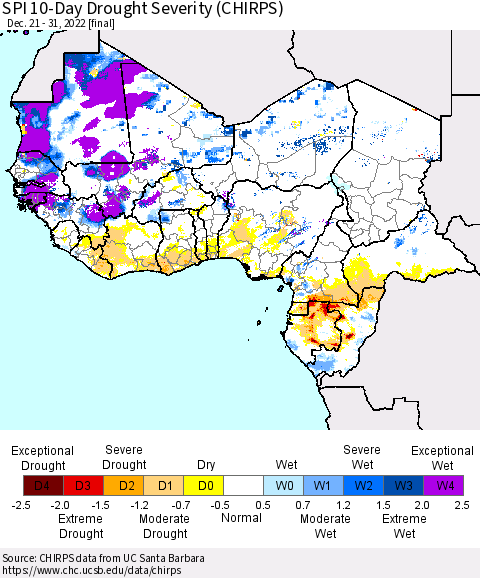 Western Africa SPI 10-Day Drought Severity (CHIRPS) Thematic Map For 12/21/2022 - 12/31/2022