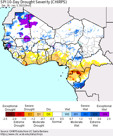 Western Africa SPI 10-Day Drought Severity (CHIRPS) Thematic Map For 12/26/2022 - 1/5/2023