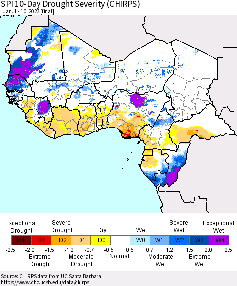 Western Africa SPI 10-Day Drought Severity (CHIRPS) Thematic Map For 1/1/2023 - 1/10/2023