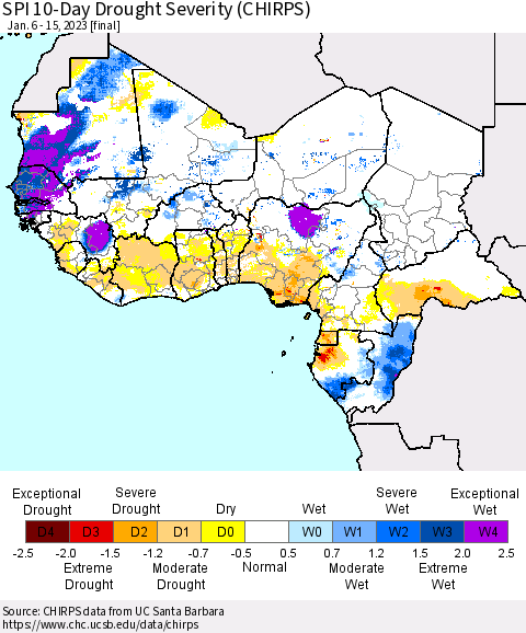 Western Africa SPI 10-Day Drought Severity (CHIRPS) Thematic Map For 1/6/2023 - 1/15/2023