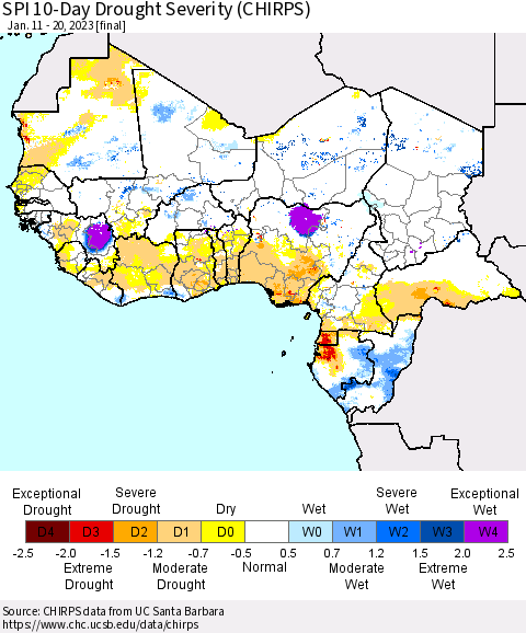 Western Africa SPI 10-Day Drought Severity (CHIRPS) Thematic Map For 1/11/2023 - 1/20/2023