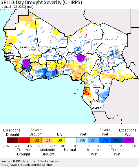 Western Africa SPI 10-Day Drought Severity (CHIRPS) Thematic Map For 1/16/2023 - 1/25/2023