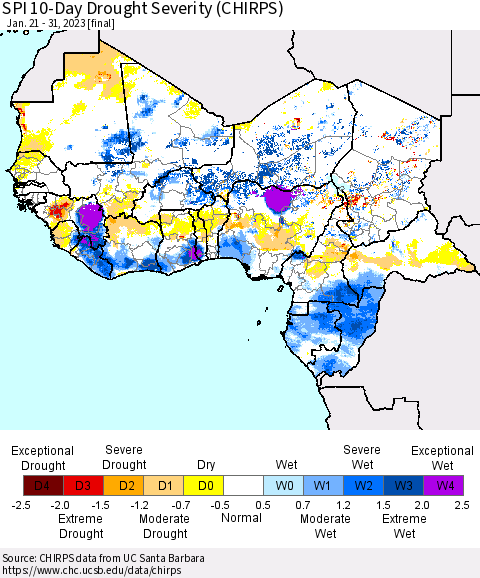 Western Africa SPI 10-Day Drought Severity (CHIRPS) Thematic Map For 1/21/2023 - 1/31/2023