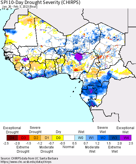 Western Africa SPI 10-Day Drought Severity (CHIRPS) Thematic Map For 1/26/2023 - 2/5/2023