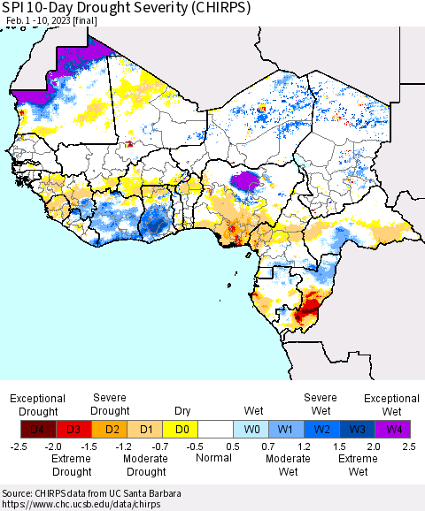 Western Africa SPI 10-Day Drought Severity (CHIRPS) Thematic Map For 2/1/2023 - 2/10/2023
