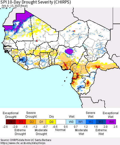 Western Africa SPI 10-Day Drought Severity (CHIRPS) Thematic Map For 2/6/2023 - 2/15/2023