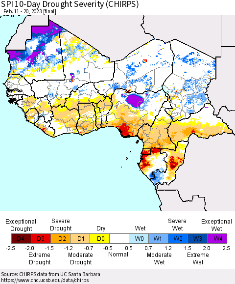 Western Africa SPI 10-Day Drought Severity (CHIRPS) Thematic Map For 2/11/2023 - 2/20/2023