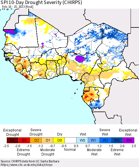 Western Africa SPI 10-Day Drought Severity (CHIRPS) Thematic Map For 2/16/2023 - 2/25/2023