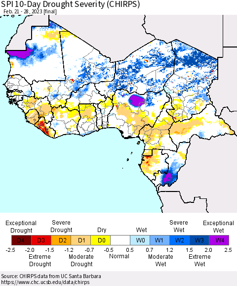 Western Africa SPI 10-Day Drought Severity (CHIRPS) Thematic Map For 2/21/2023 - 2/28/2023