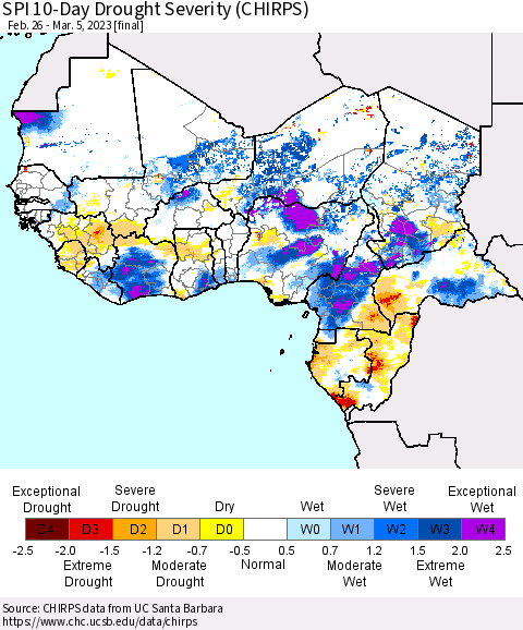 Western Africa SPI 10-Day Drought Severity (CHIRPS) Thematic Map For 2/26/2023 - 3/5/2023