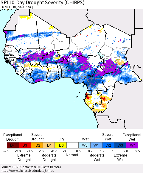 Western Africa SPI 10-Day Drought Severity (CHIRPS) Thematic Map For 3/1/2023 - 3/10/2023
