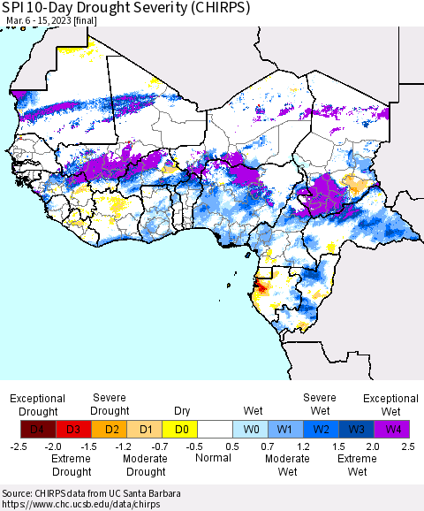 Western Africa SPI 10-Day Drought Severity (CHIRPS) Thematic Map For 3/6/2023 - 3/15/2023