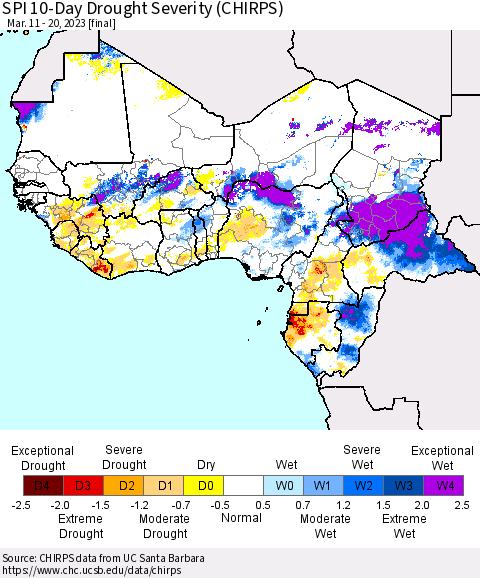 Western Africa SPI 10-Day Drought Severity (CHIRPS) Thematic Map For 3/11/2023 - 3/20/2023