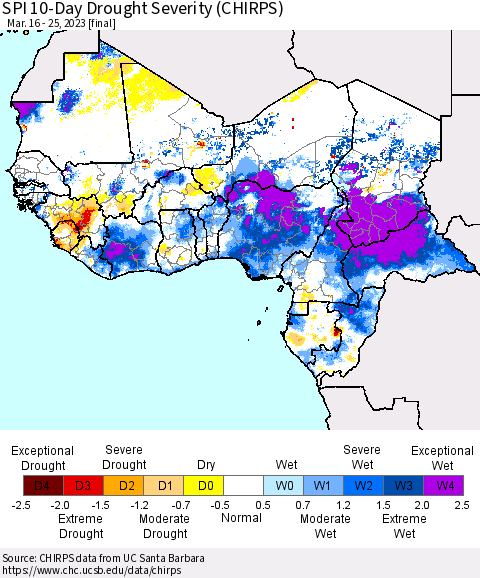 Western Africa SPI 10-Day Drought Severity (CHIRPS) Thematic Map For 3/16/2023 - 3/25/2023