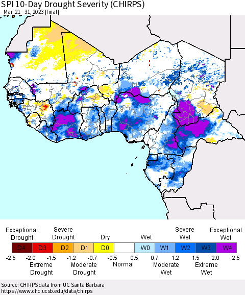 Western Africa SPI 10-Day Drought Severity (CHIRPS) Thematic Map For 3/21/2023 - 3/31/2023