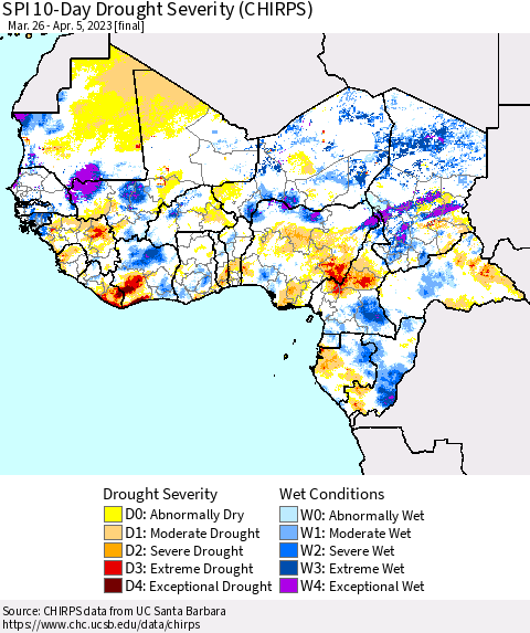 Western Africa SPI 10-Day Drought Severity (CHIRPS) Thematic Map For 3/26/2023 - 4/5/2023