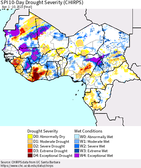 Western Africa SPI 10-Day Drought Severity (CHIRPS) Thematic Map For 4/1/2023 - 4/10/2023