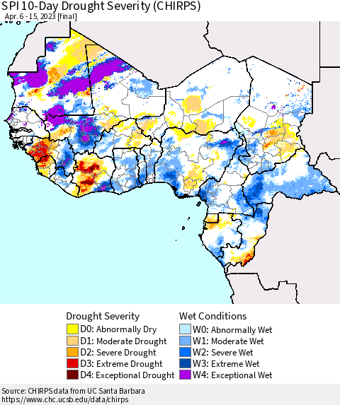 Western Africa SPI 10-Day Drought Severity (CHIRPS) Thematic Map For 4/6/2023 - 4/15/2023