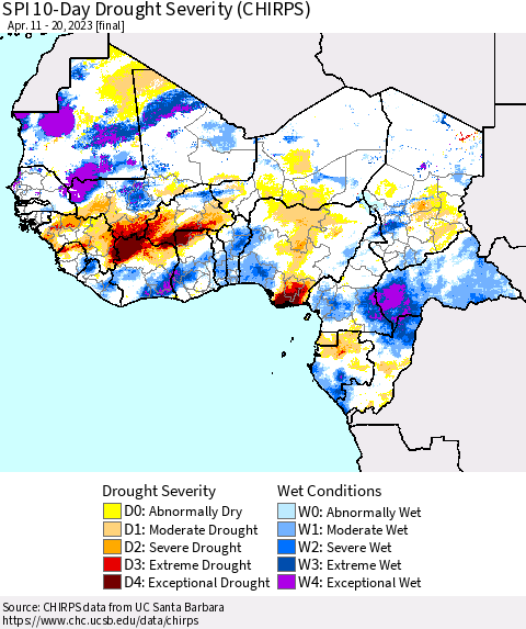 Western Africa SPI 10-Day Drought Severity (CHIRPS) Thematic Map For 4/11/2023 - 4/20/2023