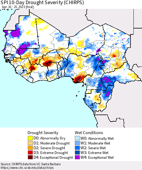 Western Africa SPI 10-Day Drought Severity (CHIRPS) Thematic Map For 4/16/2023 - 4/25/2023
