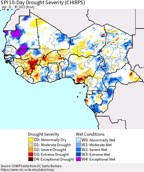 Western Africa SPI 10-Day Drought Severity (CHIRPS) Thematic Map For 4/21/2023 - 4/30/2023