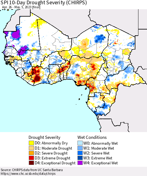 Western Africa SPI 10-Day Drought Severity (CHIRPS) Thematic Map For 4/26/2023 - 5/5/2023