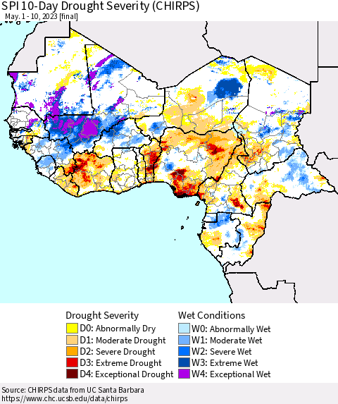 Western Africa SPI 10-Day Drought Severity (CHIRPS) Thematic Map For 5/1/2023 - 5/10/2023