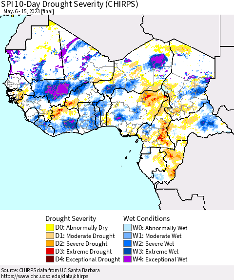 Western Africa SPI 10-Day Drought Severity (CHIRPS) Thematic Map For 5/6/2023 - 5/15/2023