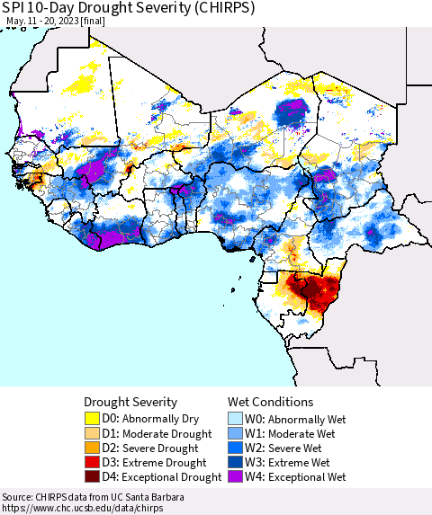Western Africa SPI 10-Day Drought Severity (CHIRPS) Thematic Map For 5/11/2023 - 5/20/2023