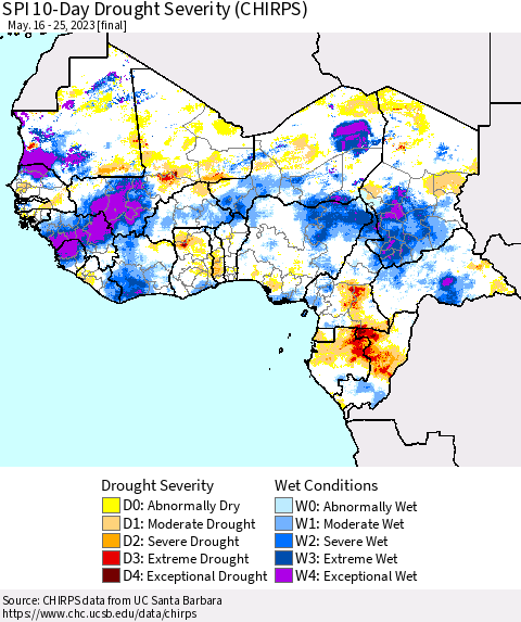 Western Africa SPI 10-Day Drought Severity (CHIRPS) Thematic Map For 5/16/2023 - 5/25/2023