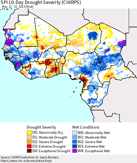 Western Africa SPI 10-Day Drought Severity (CHIRPS) Thematic Map For 5/21/2023 - 5/31/2023