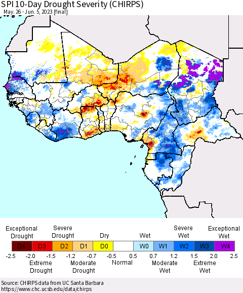 Western Africa SPI 10-Day Drought Severity (CHIRPS) Thematic Map For 5/26/2023 - 6/5/2023